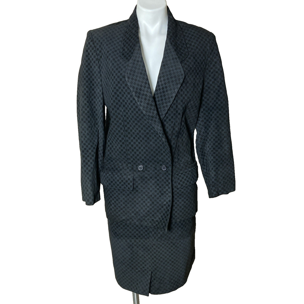 Vintage 2pc Black Checkered Leather Skirt Suit Size Medium Power Suit Office